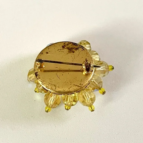 RELISTED Vintage Lemon Yellow Faceted Rhinestone and Brass Flower Brooch - Picture 12 of 14